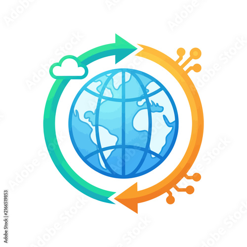 Global Connectivity Icon: Earth, Arrows, Cloud, Circuit Board