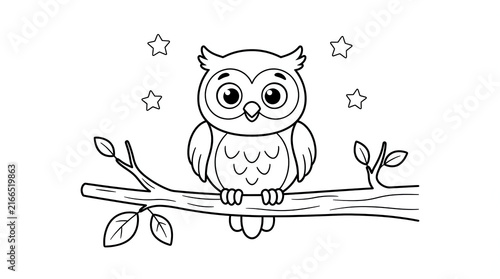 Adorable cartoon owl perched o a branch surrounded by stars and falling leaves.