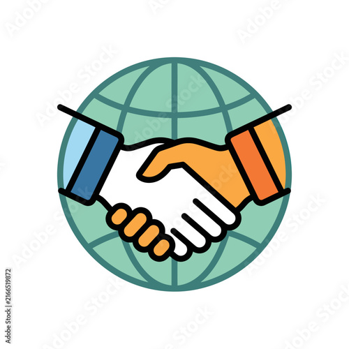 Global handshake agreement icon representing international business and partnership