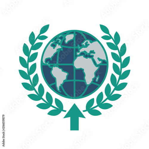 Global Growth Emblem: Earth Globe, Laurel Wreath, Upward Arrow Icon