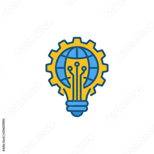 Global Innovation Lightbulb Gear Icon: Technology, Ideas, and World Connection
