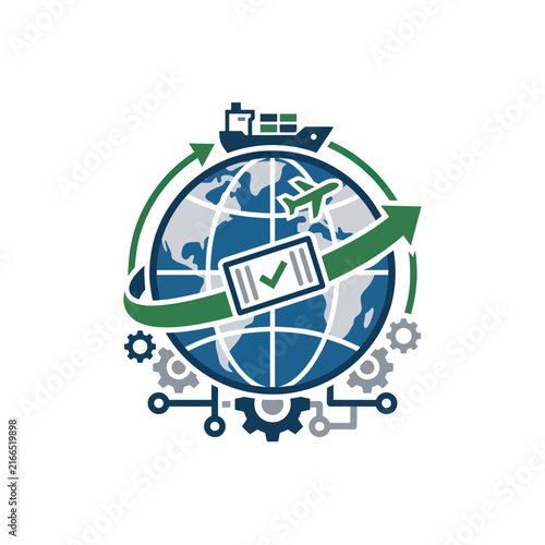 Global Logistics and Shipping Icon: Shipping, Airplane, Globe, Gears, Supply Chain