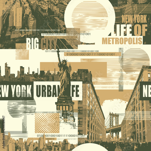 Vector seamless pattern on urban and street art theme with Statue of Liberty, Manhattan Bridge in New York city, city buildings in grunge style. Wallpaper, fabric, t-shirt design, travel postcard