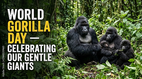World gorilla day poster with a family of wild gorillas sitting in the lush green jungle forest landscape