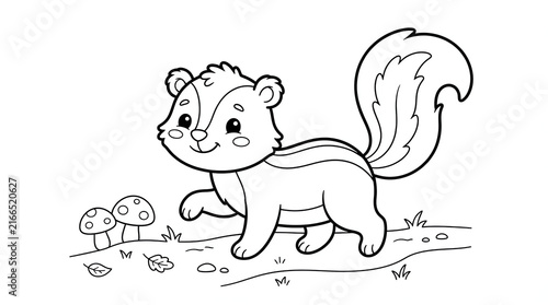 Cute little skunk walking in the forest with small mushrooms for children to color in a fun activity.