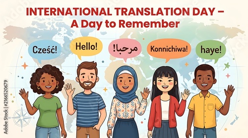 Diverse group of happy people waving hands with international hello speech bubbles for international translation day