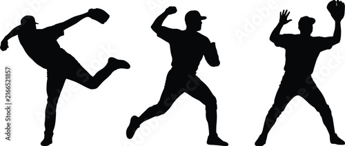 Obraz na płótnie Baseball player silhouettes collection featuring pitchers throwing ball and fiel