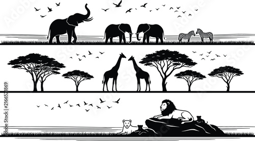 Photography African savanna borders silhouette collection with wild animals elephants giraff