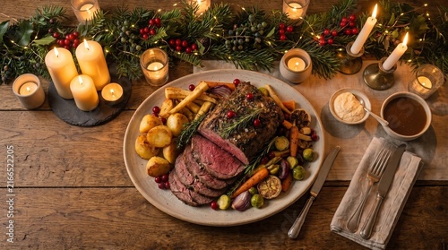 Festive Christmas Roast Beef Dinner with Roasted Vegetables
