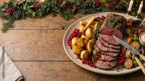 Festive Christmas Roast Beef Dinner with Roasted Vegetables