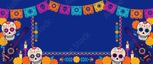 Day of the Dead banner background featuring decorative sugar skulls, guitars, marigold flowers, and papel picado flags on dark blue backdrop.