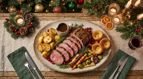Festive Christmas Roast Beef Dinner with Roasted Vegetables