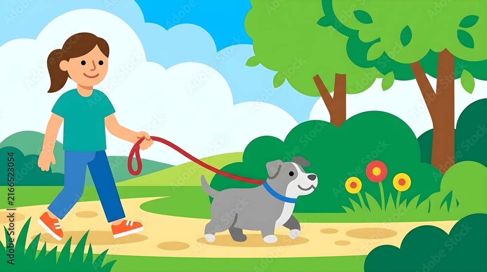 Naklejka premium Girl Walking Her Dog in a Sunny Park Vector Illustration