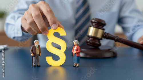 A man delivers a verdict in a court case between the elderly man and woman of the figurines. Protecting rights and interests. Pensions and inheritance dispute resolution and legal protection