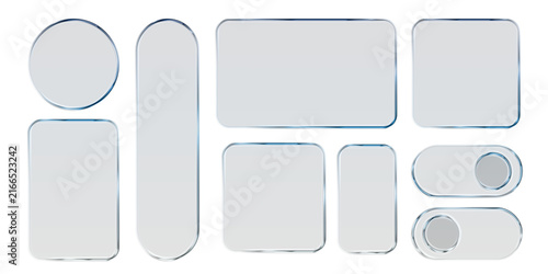 Transparent glass elements with liquid morphism effect for ui design and modern interfaces. Rounded rectangles, circles and buttons with frosted blur overlay Glassmorphism components for web or app