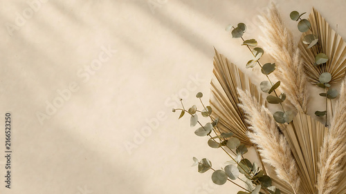 Organic dried botanical background with pampas grass and palm leaves on beige wall.
