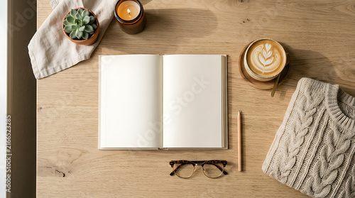 Open blank notebook with coffee cup and cozy sweater on wooden table