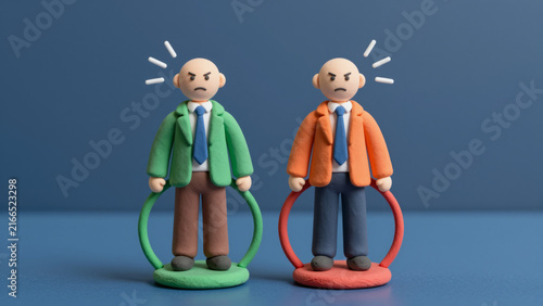 A clash of interests between two businessmen. Competition in the market. Rivalry concept, opposing strategies and pressure. Negotiation, ethics and balance between conflict and cooperation.