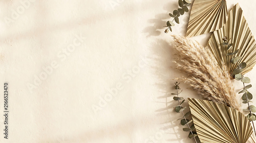 Dried botanical arrangement with pampas grass and palm leaves on a beige background