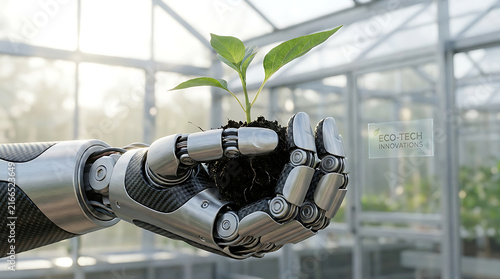 Robot hand holding a green plant seedling in a greenhouse for sustainable agriculture.
