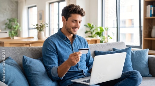 Happy cheerful smiling young adult man doing online shopping or e-shopping satisfied entrepreneur making online payment paying for service or goods self employed freelancer.