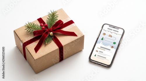 Brown gift box with red bow next to smartphone displaying shipping tracking app on white background