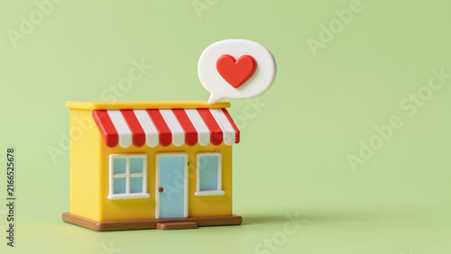 A store with a comment and like icon shows customer loyalty. Marking a favorite place builds trust. Reviews, ratings, and positive feedback strengthen brand reputation and customer engagement