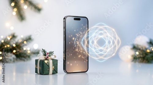Modern smartphone displaying futuristic AI hologram with holiday gift box and festive decor