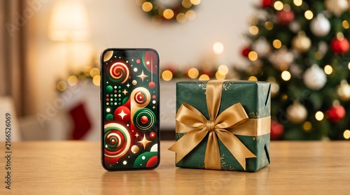 Smartphone next to festive gift box with golden bow on wooden table during Christmas
