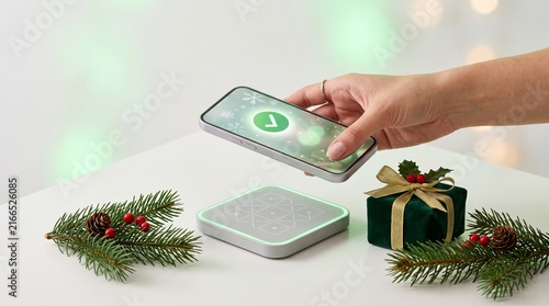 Hand holding smartphone for contactless payment with holiday gifts and cash on table