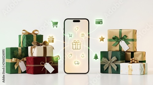 Smartphone displaying online shopping app with Christmas gifts and festive holiday decor