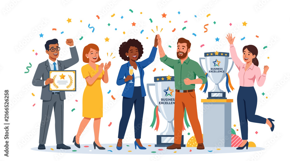 Obraz premium Diverse Team Celebrates Success with Trophies and Confetti