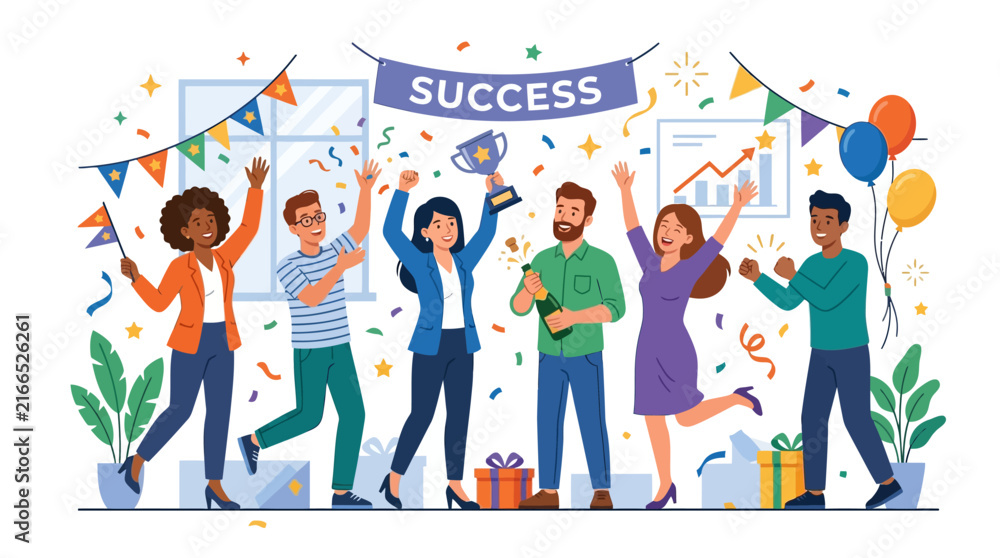 Obraz premium Diverse Team Celebrates Success with Trophy and Confetti in Office Party