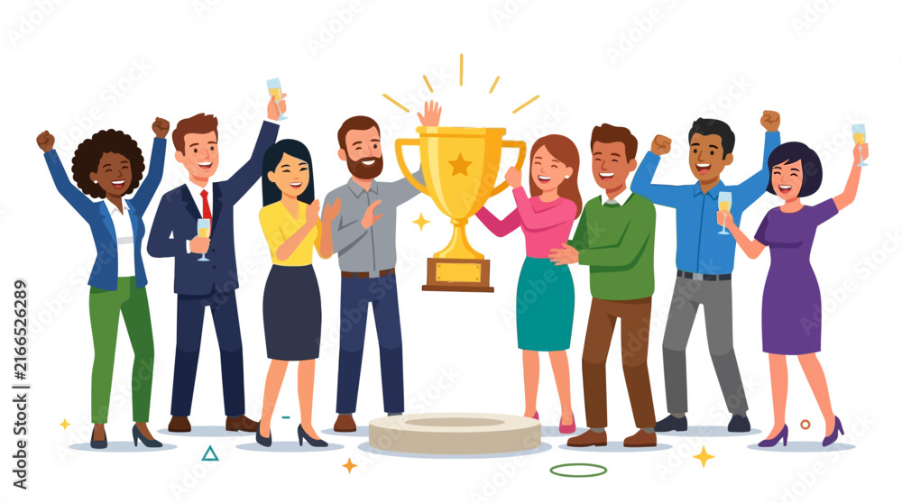 Fototapeta premium Diverse Team Celebrates Victory with Golden Trophy and Champagne