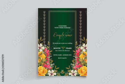 Luxury Emerald Green Wedding Invitation Template with Gold Ornamental Border and Colorful Floral Design