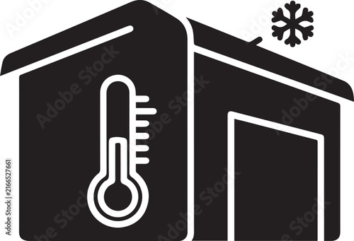 Black vector icon of a storage building with a thermometer indicating cold temperature and a snowflake, isolated on transparent background.