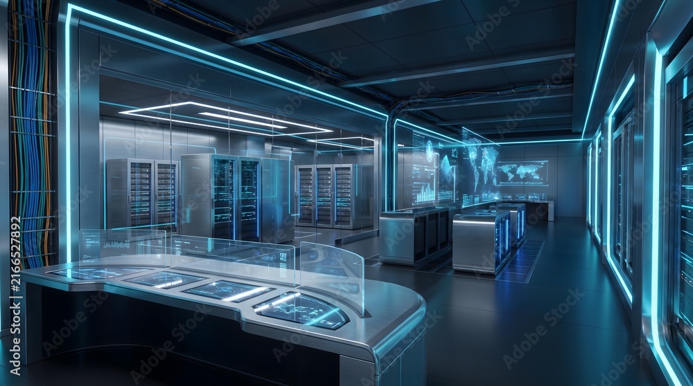 Fototapeta premium Futuristic Data Center with Blue LED Lighting and Server Racks