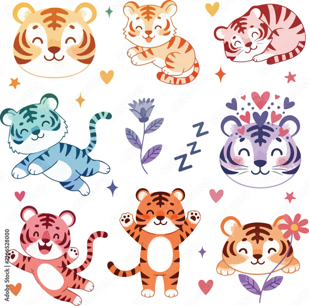 Obraz premium Cute Little Tigers Set, Vector Illustration of Cartoon Tiger Characters and Elements for Kids