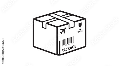 Illustration of a cardboard shipping package with tape and label icon for logistics and industry use.