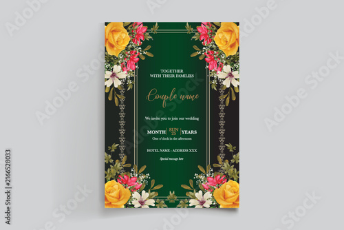 Luxury Emerald Green Wedding Invitation Template with Gold Ornamental Border and Colorful Floral Design