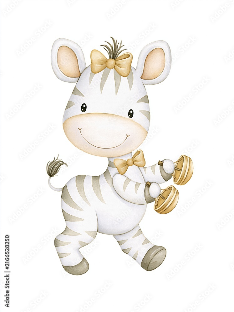 Naklejka premium Cute cartoon zebra character with a bow and holding dumbbells for fitness and exercise themes