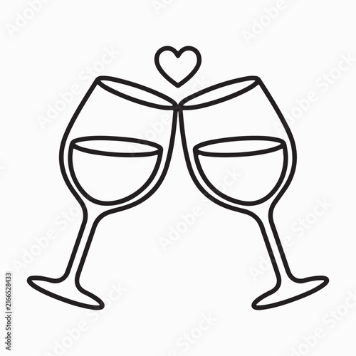 Vector line art icon of two wine glasses clinking in a toast with a small heart symbol isolated on white background