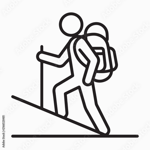 Vector line art icon of stick figure character with backpack hiking up a steep slope with walking stick isolated on white background