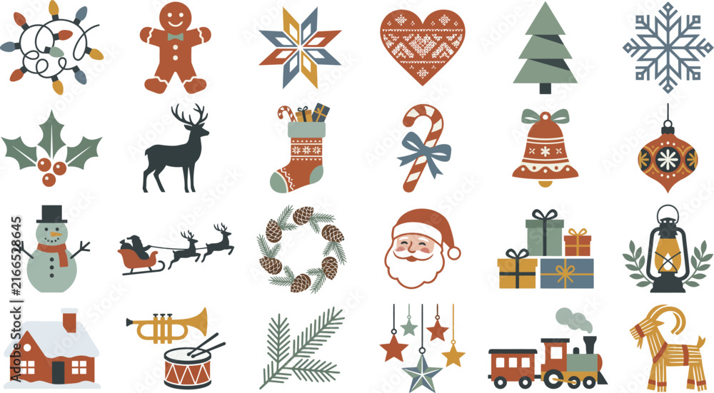 Obraz premium Set of various hand drawn christmas elements and festive holiday icons isolated on a white background for seasonal design