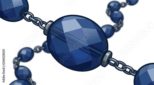 Elegant deep blue faceted bead necklace illustration with silver chain links on white background