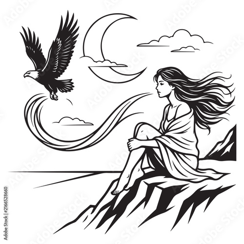 Vector line art illustration of a woman sitting on a rocky cliff watching a flying eagle under a crescent moon