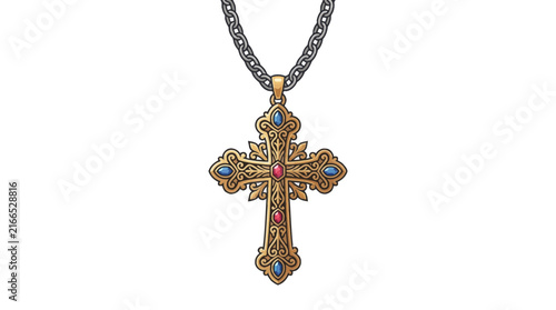 Intricate Gold Cross Necklace with Red and Blue Jewels: A Religious Pendant Featuring Ornate Filigree Design and Gemstone Embellishments on a Silver Chain