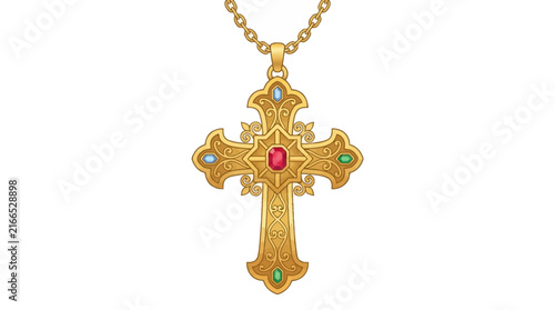 Ornate golden cross pendant necklace with multicolored gemstones and gold link chain on white background