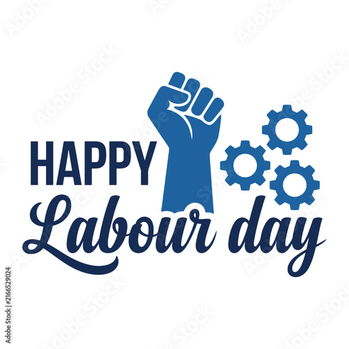 Happy Labour Day typography design with blue raised fist silhouette and mechanical gears isolated on white background