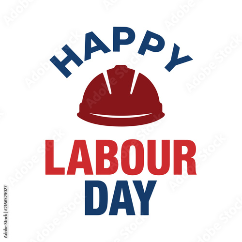 Happy Labour Day typography design with red safety hard hat silhouette isolated on white background